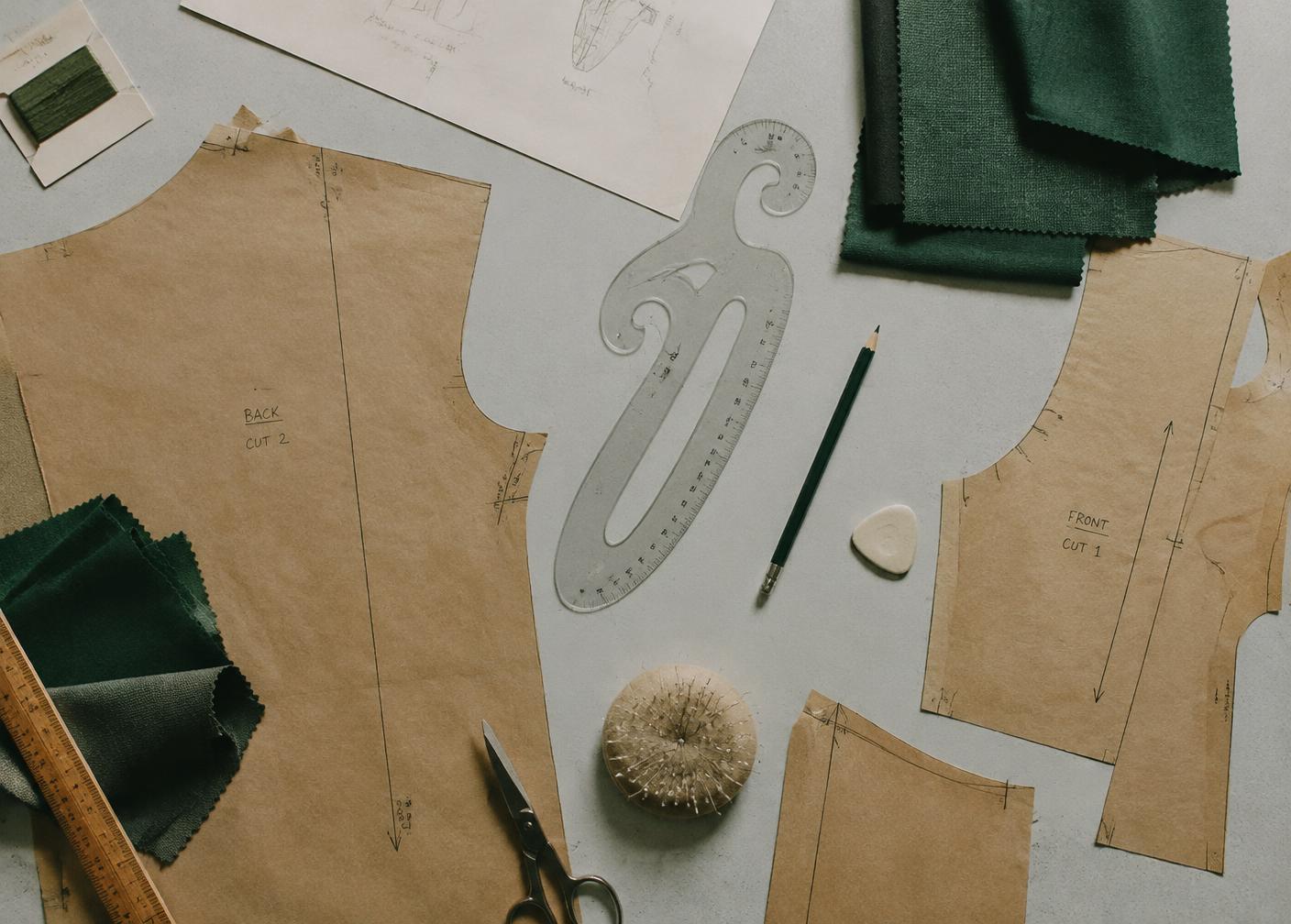 Moldes de papel, régua de modelagem e amostras de tecido verde